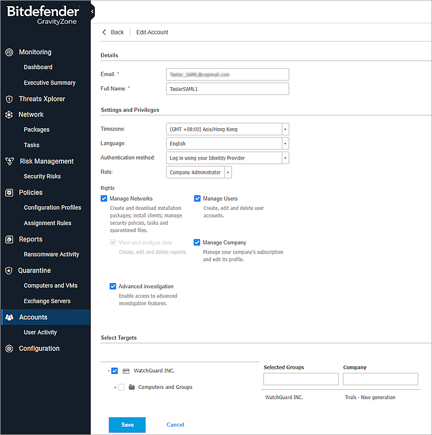 Screenshot of GraviryZone user Settings page